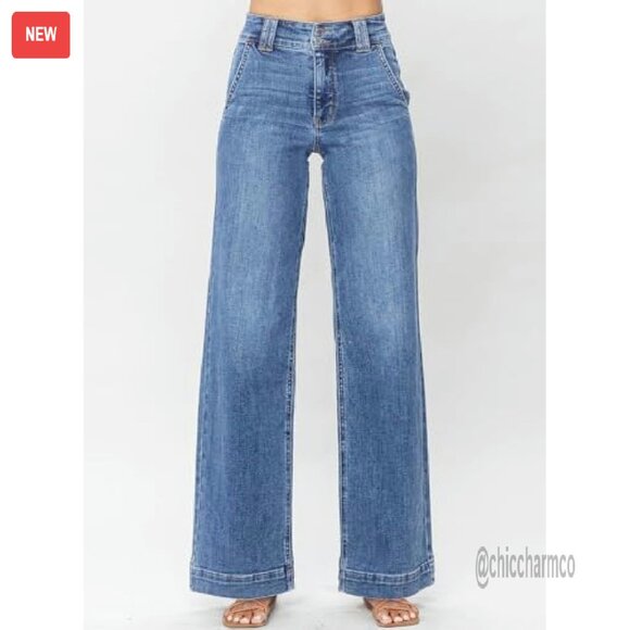 High Waisted Wide Leg Straight Jeans Stretch Denim Tummy Control - Picture 5 of 7